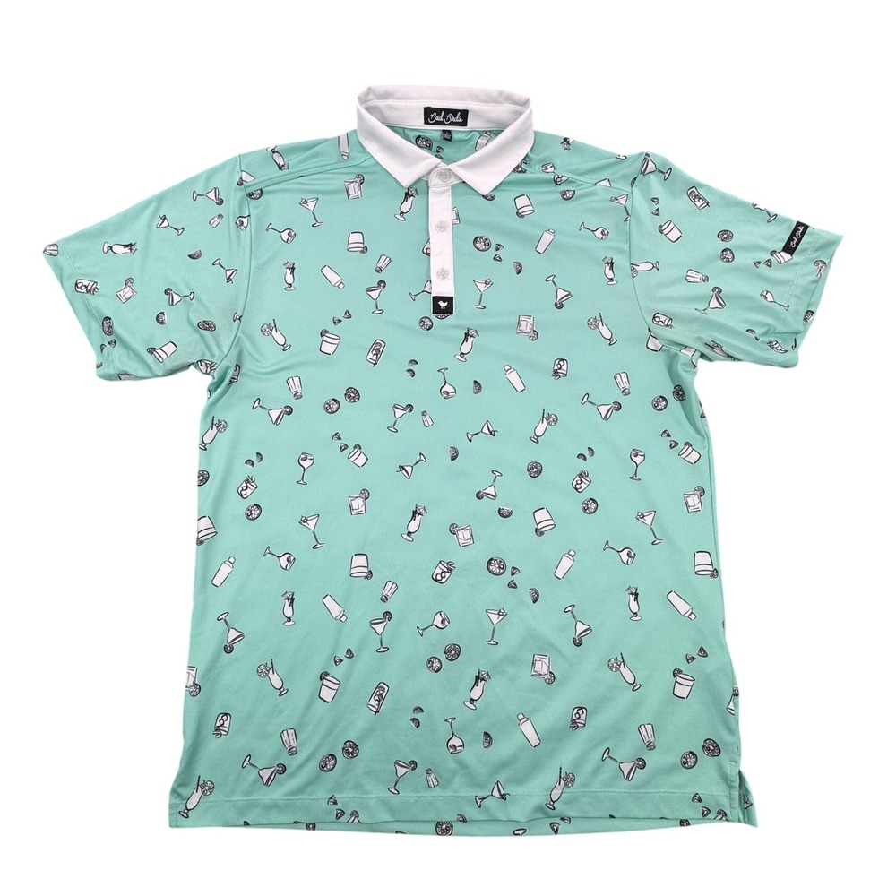 Bad Birdie Mens Mint Green Cocktail AOP Print Golf Polo Stretch Golfcore